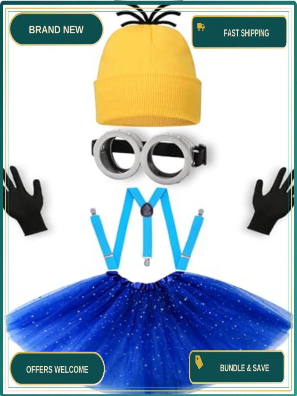 Halloween Costume Set 5Pc Steampunk Goggles Beanie Tutu Suspenders Gloves